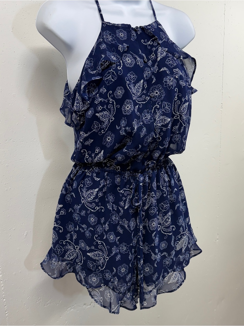 belle sky navy and white patterned romper